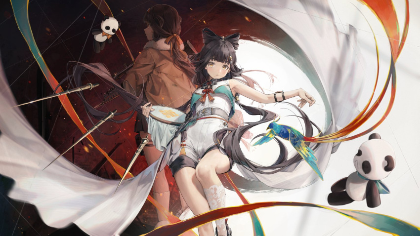 1girl armpits belt bird brown_hair brown_jacket douya_(233) dual_persona fur_collar girls'_frontline_neural_cloud girls_frontline gun hair_ornament hair_ribbon hair_rings hairband highres holding holding_needle jacket jumpsuit lace lace_legwear long_hair looking_at_viewer mouth_hold needle needlepoint ponytail qbu-88 qbu-88_(girls'_frontline) ribbon rifle scope sewing sewing_needle short_jumpsuit sleeveless sleeveless_jumpsuit stuffed_animal stuffed_panda stuffed_toy thread very_long_hair weapon white_jumpsuit white_legwear yellow_eyes