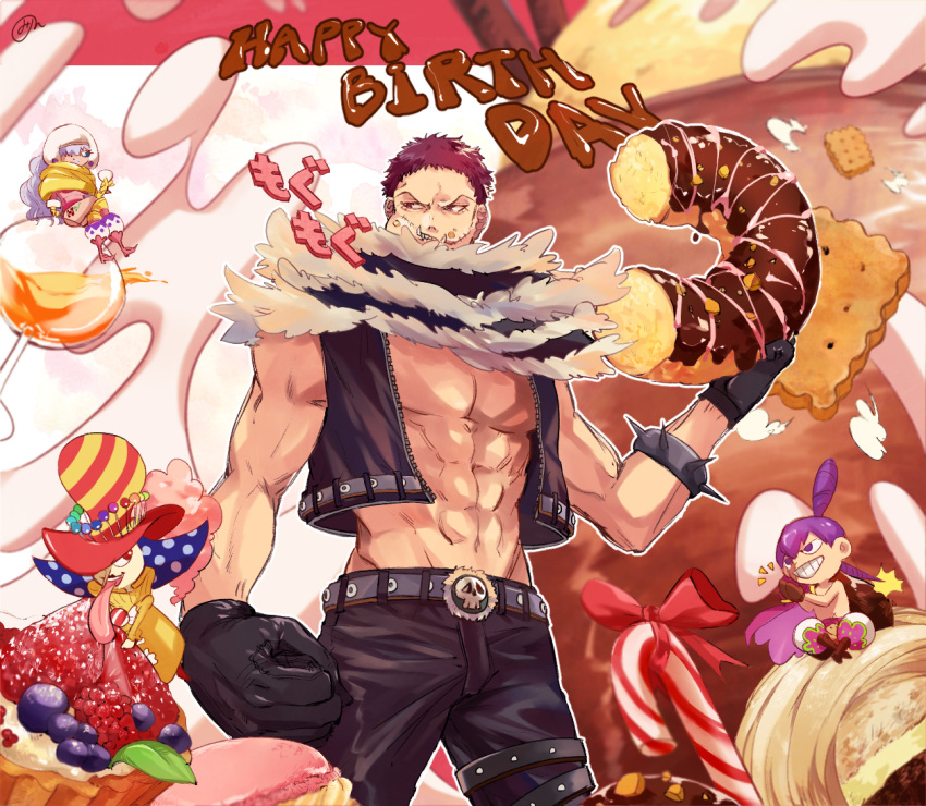 candie candy charlotte_cracker charlotte_katakuri charlotte_perospero charlotte_smoothie chibi coene65 colored donut eating food gloves male_focus muscular_male one_piece scarf shirtless vest