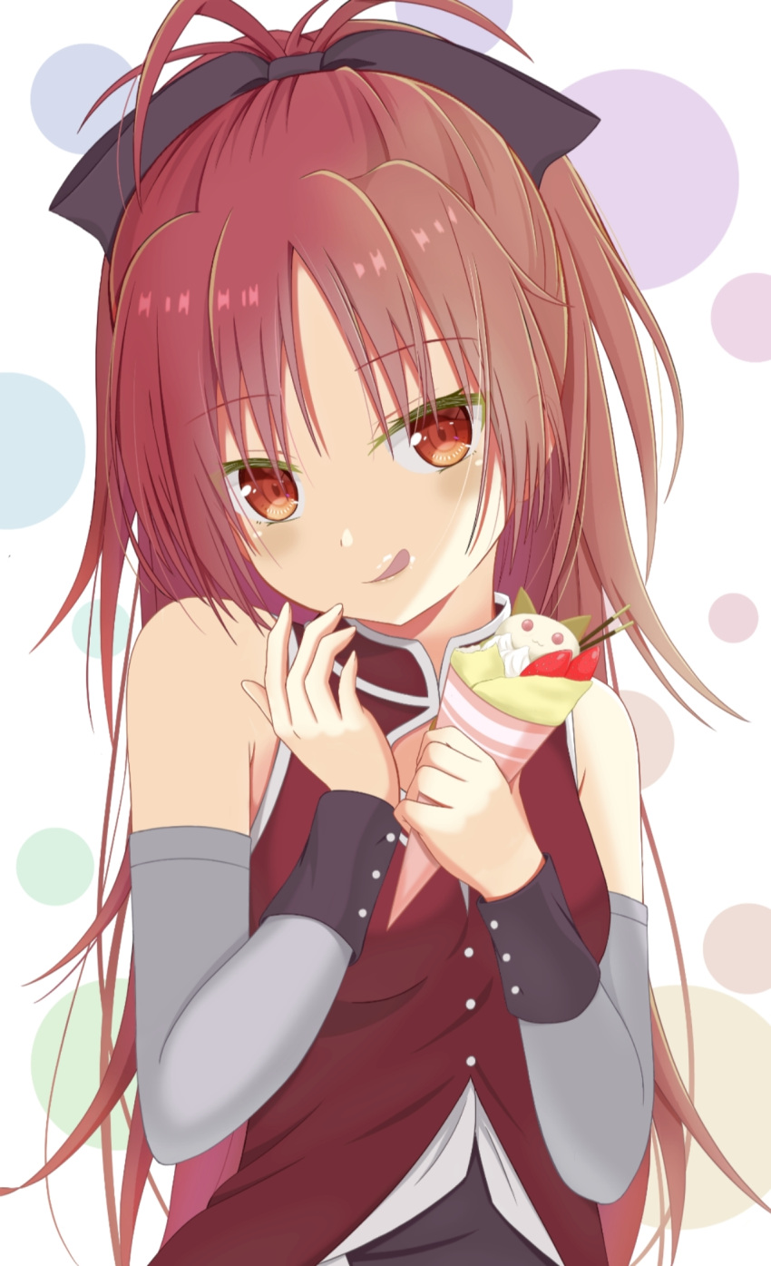 1girl bare_shoulders black_bow bow bubble_background commentary_request crepe detached_sleeves dress eyebrows_visible_through_hair food hair_bow highres holding holding_food long_hair mahou_shoujo_madoka_magica mochimugi_rice ponytail red_dress red_eyes redhead sakura_kyouko simple_background sleeveless sleeveless_dress smile solo upper_body very_long_hair white_background