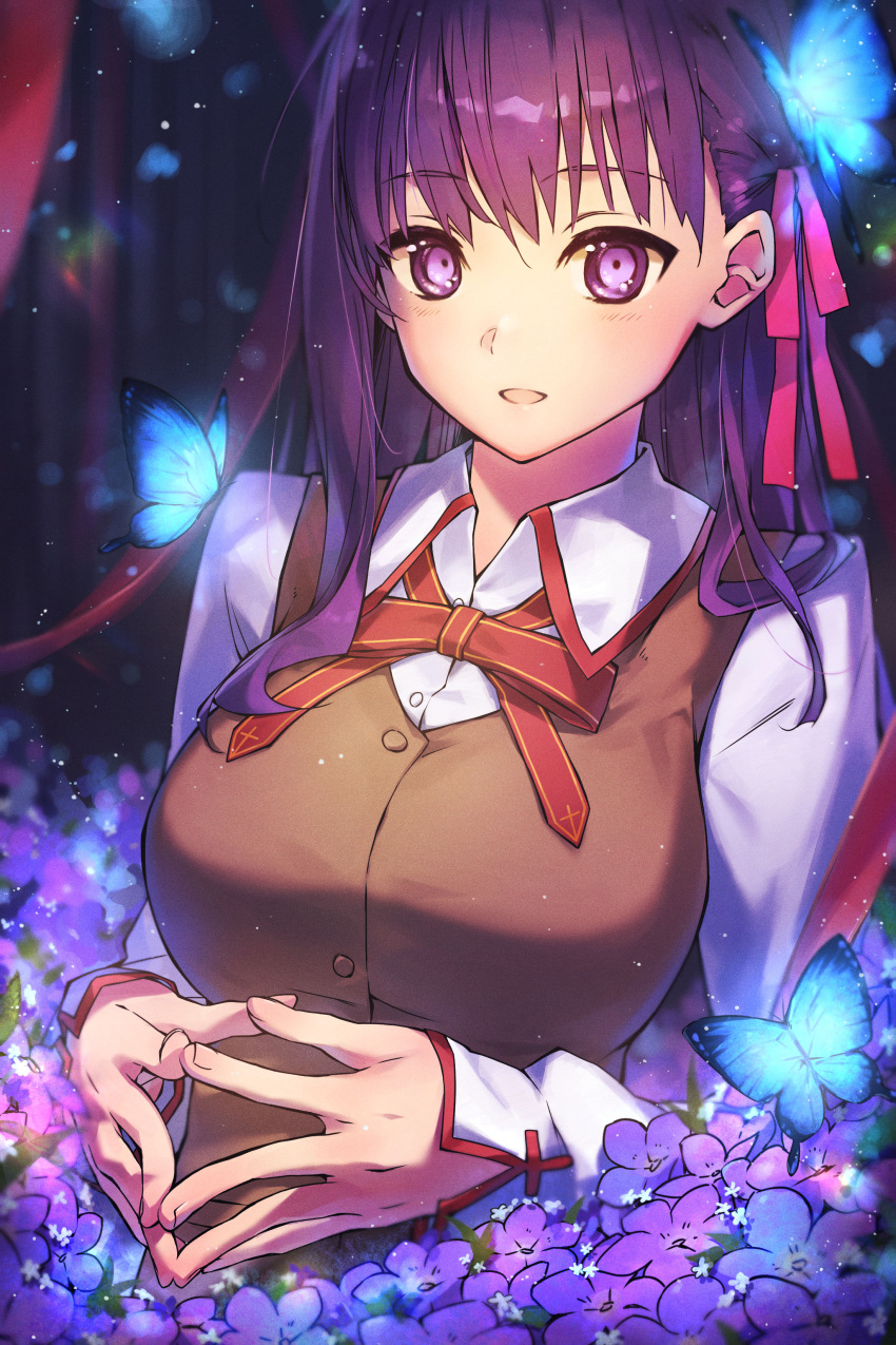 1girl absurdres blue_butterfly breasts brown_vest bug butterfly collared_shirt eyebrows_visible_through_hair fate/stay_night fate_(series) flower hair_ribbon hands_together heaven's_feel highres homurahara_academy_uniform large_breasts long_hair long_sleeves looking_at_viewer matou_sakura open_mouth purple_flower purple_hair red_ribbon ribbon school_uniform shigure_(shigure_43) shirt solo type-moon upper_body vest violet_eyes white_shirt