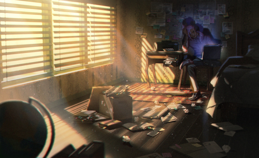 1boy bed belt black_footwear bug chair commentary_request computer desk diavolo highres indoors jojo_no_kimyou_na_bouken laptop long_hair long_sleeves male_focus meipu_hm messy_room pale_skin pants paper pink_hair printer shirt shoes sitting solo spotted_hair sunlight table vento_aureo window wooden_floor