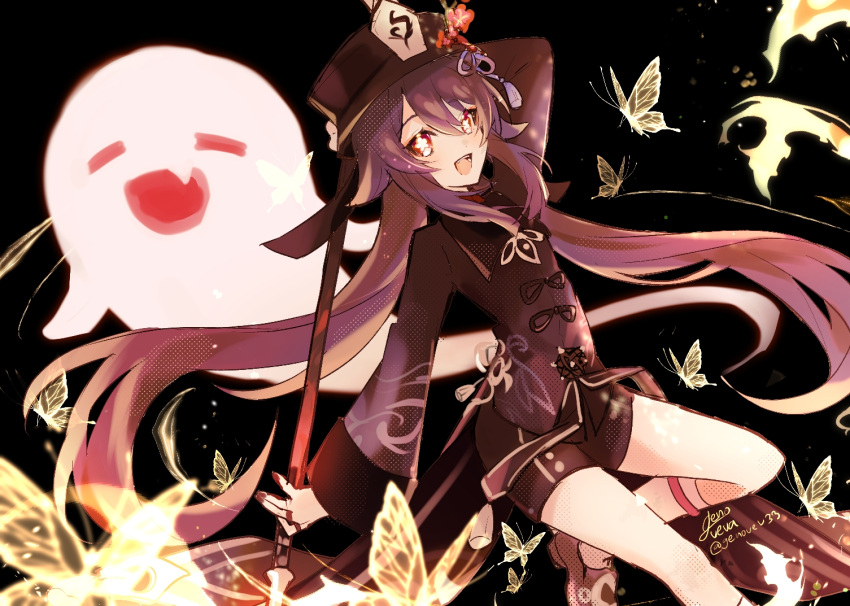 1girl bangs black_background brown_hair brown_headwear brown_jacket brown_shorts bug butterfly fangs flat_chest genshin_impact ghost holding holding_lance holding_polearm holding_weapon hu_tao_(genshin_impact) jacket lance looking_back open_mouth polearm shiro_yurei shorts smile solo symbol-shaped_pupils twintails weapon