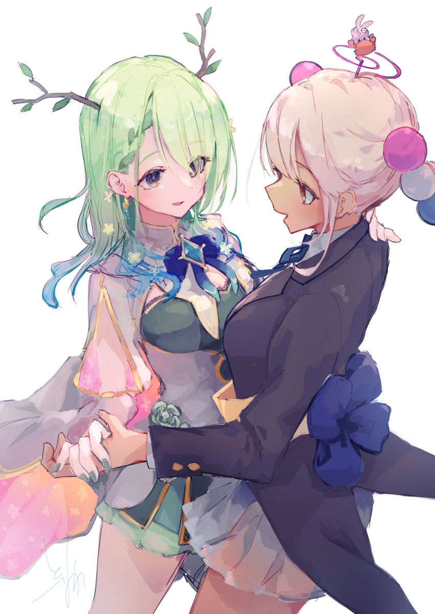 2girls absurdres alternate_costume antlers blonde_hair braid branch ceres_fauna commentary crab dancing dark-skinned_female dark_skin earrings english_commentary french_braid green_hair green_nails hand_on_another's_shoulder highres holding_hands hololive hololive_english jewelry leaf limiter_(tsukumo_sana) long_hair long_sleeves looking_at_another multiple_girls open_mouth planet_hair_ornament signature smile tokorinowa tsukumo_sana tuxedo