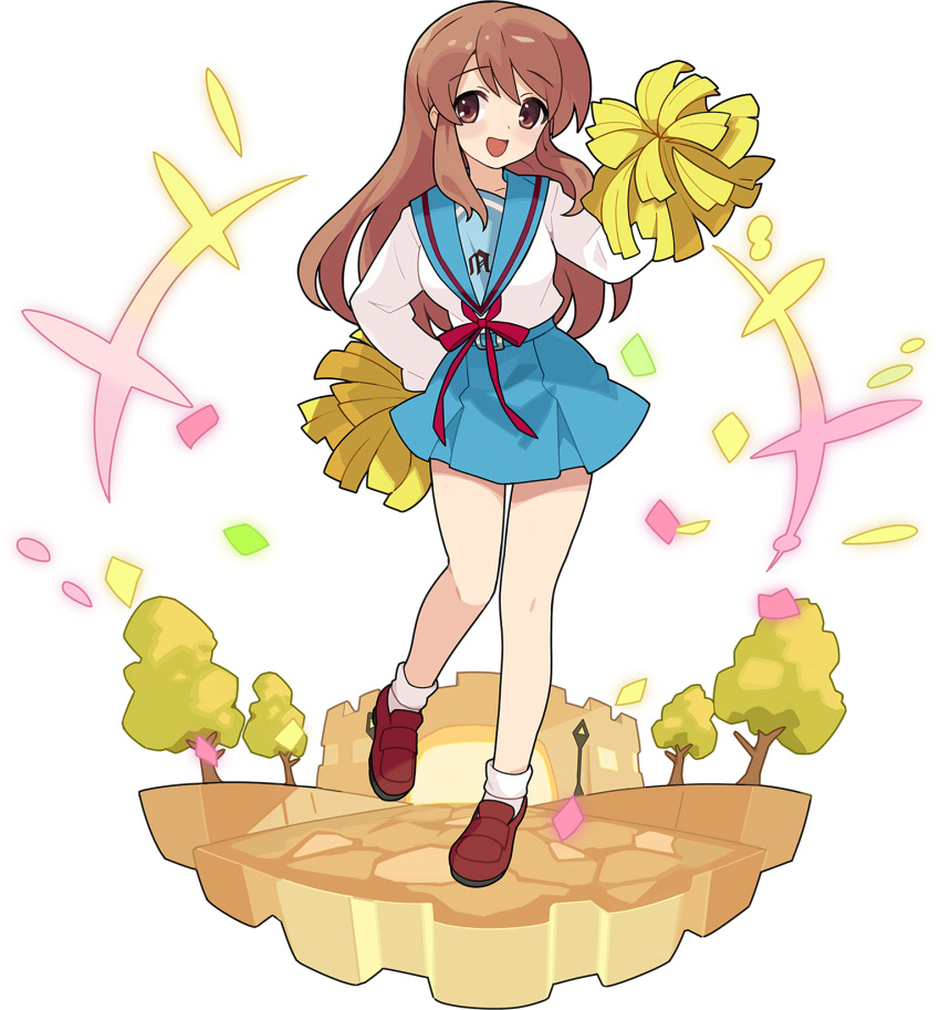 +++ 1girl artist_request asahina_mikuru bangs blue_sailor_collar blue_skirt breasts brown_eyes brown_footwear brown_hair castle confetti eyebrows_visible_through_hair fisheye full_body hand_on_hip hand_up highres holding holding_pom_poms knees_together_feet_apart lamppost leg_up loafers long_hair long_sleeves looking_at_viewer medium_breasts miniskirt non-web_source official_art open_mouth pom_pom_(cheerleading) red_ribbon ribbon sailor_collar school_uniform serafuku shiny shiny_hair shirt shirt_tucked_in shoes sidelocks skirt socks solo standing standing_on_one_leg suzumiya_haruhi_no_yuuutsu transparent_background tree white_legwear white_shirt world_flipper