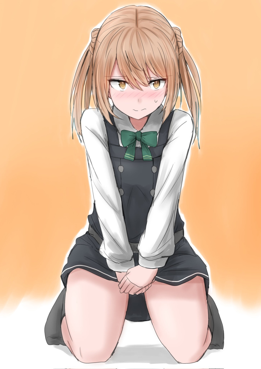 1girl black_legwear commentary_request double_bun dress gradient gradient_background hair_bun highres kamaboko_senshi kantai_collection kneeling light_brown_hair long_sleeves looking_at_viewer michishio_(kancolle) orange_background pinafore_dress remodel_(kantai_collection) shirt short_twintails socks solo twintails white_shirt