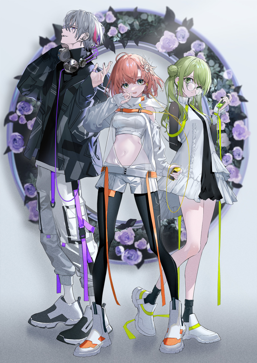 1boy 2girls bangs black_dress black_jacket black_legwear breasts center_opening crop_top dress flower fuwa_minato glasses green_eyes green_hair hair_behind_ear hair_flower hair_ornament head_tilt headphones headphones_around_neck highres honma_himawari jacket leggings looking_at_viewer lowro_(en) medium_breasts midriff morinaka_kazaki multicolored_hair multiple_girls navel nijisanji official_art open_hand open_mouth orange_hair pants pink_hair purple_belt round_eyewear see-through_hoodie short_hair shorts side_bun silver_hair sleeveless sleeveless_jacket streaked_hair twintails virtual_youtuber white_jacket white_pants white_shorts