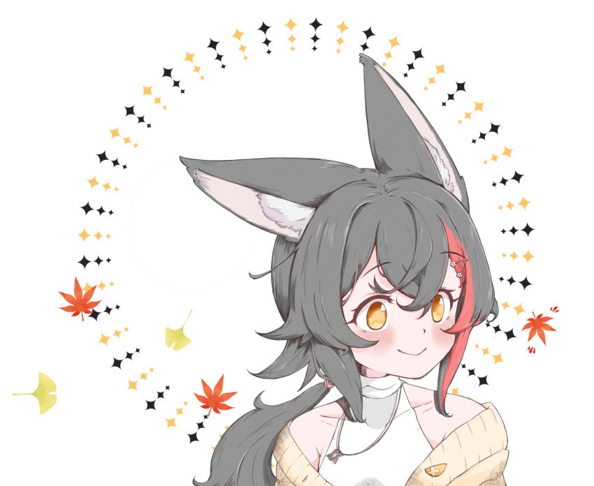 1girl animal_ear_fluff animal_ears autumn_leaves bangs black_hair blush cardigan closed_mouth commentary_request eyebrows_visible_through_hair hair_between_eyes hair_ornament hairclip hololive kani_bonara leaf long_hair looking_away maple_leaf multicolored_hair off_shoulder official_alternate_costume ookami_mio ponytail redhead shirt simple_background smile solo streaked_hair upper_body virtual_youtuber white_shirt wolf_ears wolf_girl yellow_cardigan yellow_eyes