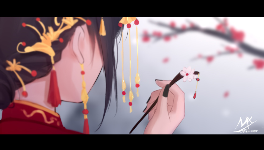 artist_name black_hair blurry blurry_background branch flower from_behind hair_ornament hand_up highres holding letterboxed nail_polish original petals red_nails shimmer short_hair white_flower