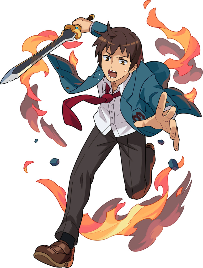 1boy arms_up artist_request bangs black_legwear black_pants blue_jacket breast_pocket brown_eyes brown_footwear brown_hair buttons collared_shirt constricted_pupils fire full_body highres holding holding_sword holding_weapon jacket kyon leg_up loafers long_sleeves looking_down male_focus necktie non-web_source official_art open_clothes open_jacket open_mouth outstretched_arms pants pocket red_neckwear running school_uniform shiny shiny_hair shirt shoes short_hair sidelocks smoke socks solo suzumiya_haruhi_no_yuuutsu sweat sword teeth transparent_background v-shaped_eyebrows weapon white_shirt world_flipper