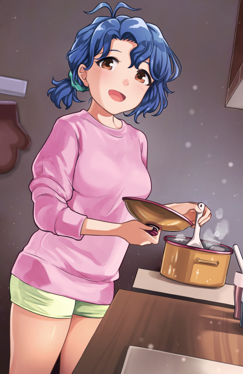 1girl :d antenna_hair aqua_scrunchie bangs blue_hair breasts brown_eyes cooking cutting_board green_shorts hair_ornament hair_scrunchie hanamasa_ono highres idolmaster idolmaster_million_live! idolmaster_million_live!_theater_days indoors kitchen lid light_blush light_particles long_sleeves looking_at_viewer low_twintails medium_breasts mittens open_mouth parted_bangs pink_sweater pot scrunchie short_hair short_shorts shorts smile solo spoon steam stirring sweater table toyokawa_fuuka twintails wooden_table