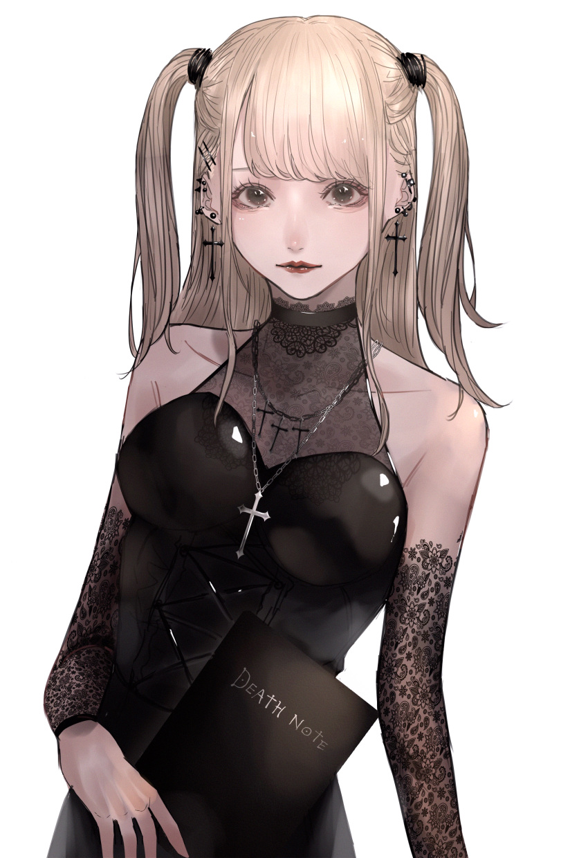 1girl absurdres amane_misa bangs black_dress black_hair blonde_hair book breasts collarbone cross cross_earrings cross_necklace death_note death_note_(object) detached_sleeves dress ear_piercing earrings halterneck highres holding holding_book huge_filesize jewelry long_hair looking_at_viewer mano_aaa medium_breasts necklace piercing solo two_side_up
