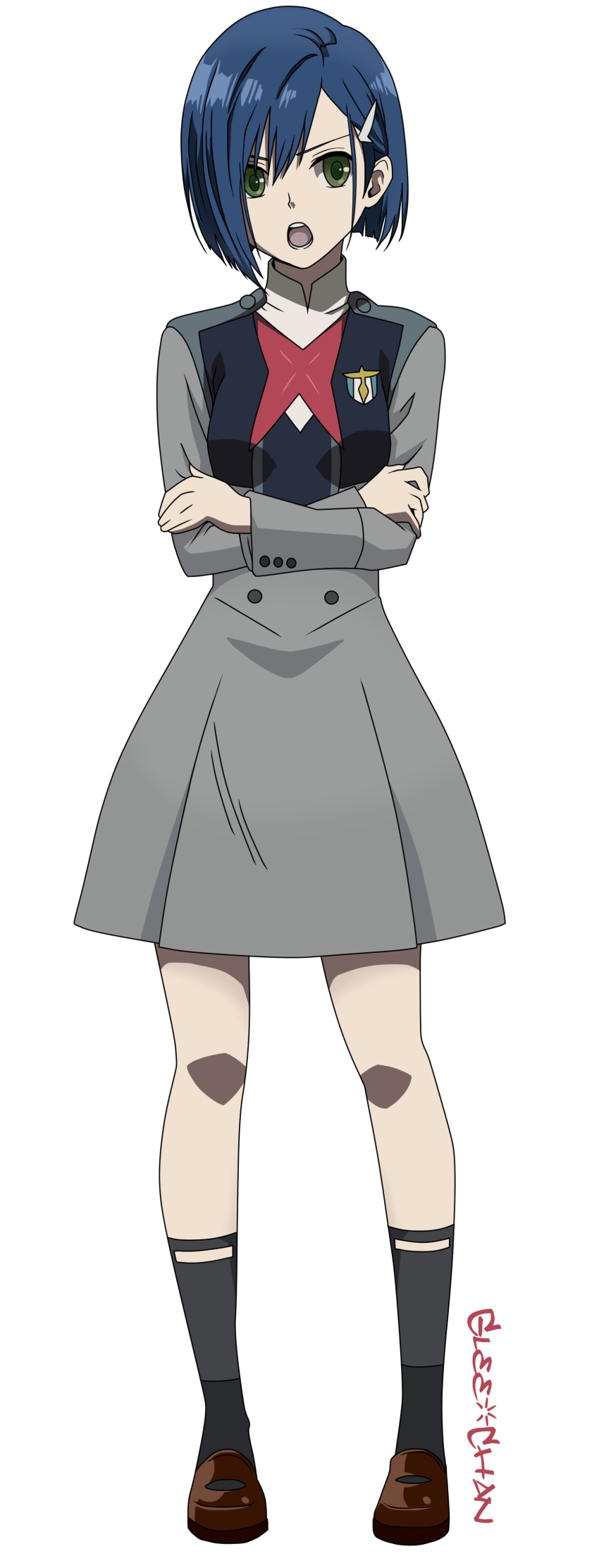 absurdres artist_name bangs blue_hair bob_cut breasts brown_footwear christina_marie_lacey crossed_arms darling_in_the_franxx dress full_body green_eyes grey_dress grey_legwear hair_ornament hair_over_one_eye hair_strand hairclip highres ichigo_(darling_in_the_franxx) loafers open_mouth red_neckwear shoes short_hair signature simple_background small_breasts standing uniform white_background