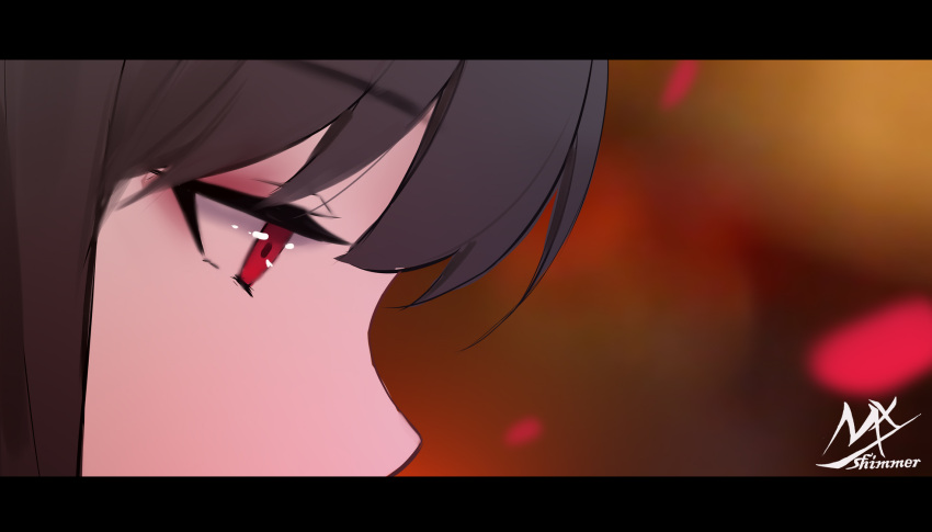 1girl artist_name bangs black-haired_demon_girl_(shimmer) blurry blurry_background eyebrows_visible_through_hair from_side highres letterboxed original profile red_background red_eyes shimmer solo