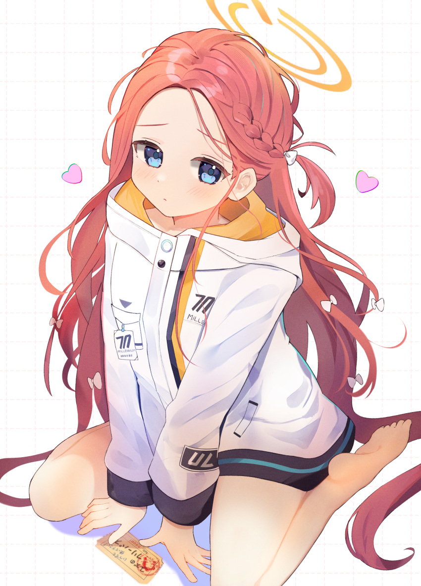 1girl absurdres barefoot between_legs blue_archive blue_eyes blush bow braid closed_mouth forehead full_body furrowed_brow grid_background hair_bow halo hand_between_legs heart highres hood hooded_jacket jacket long_hair long_sleeves looking_to_the_side multiple_hair_bows orange_halo redhead shishiodoshi side_braid sitting solo ticket very_long_hair wariza wavy_hair white_background white_bow white_jacket yuzu_(blue_archive)