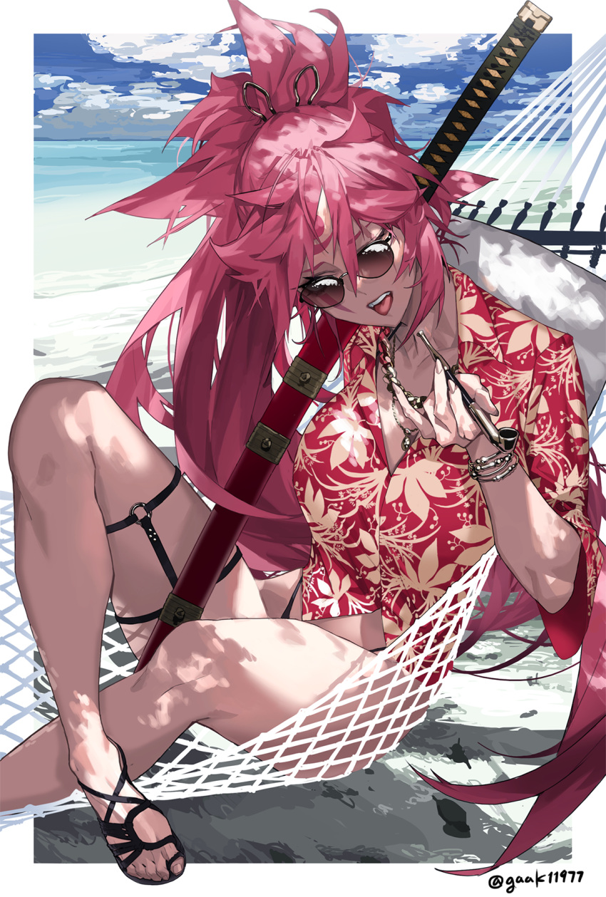 1girl baiken bangs beach breasts clouds cloudy_sky facial_mark fingernails gaak11977 guilty_gear hair_between_eyes highres holding holding_weapon jewelry long_hair necklace ocean open_mouth pipe ponytail sand sandals scar scar_across_eye sharp_fingernails sheath sheathed sitting sky solo summer sunglasses sword thigh_strap tongue tongue_out twitter_username weapon