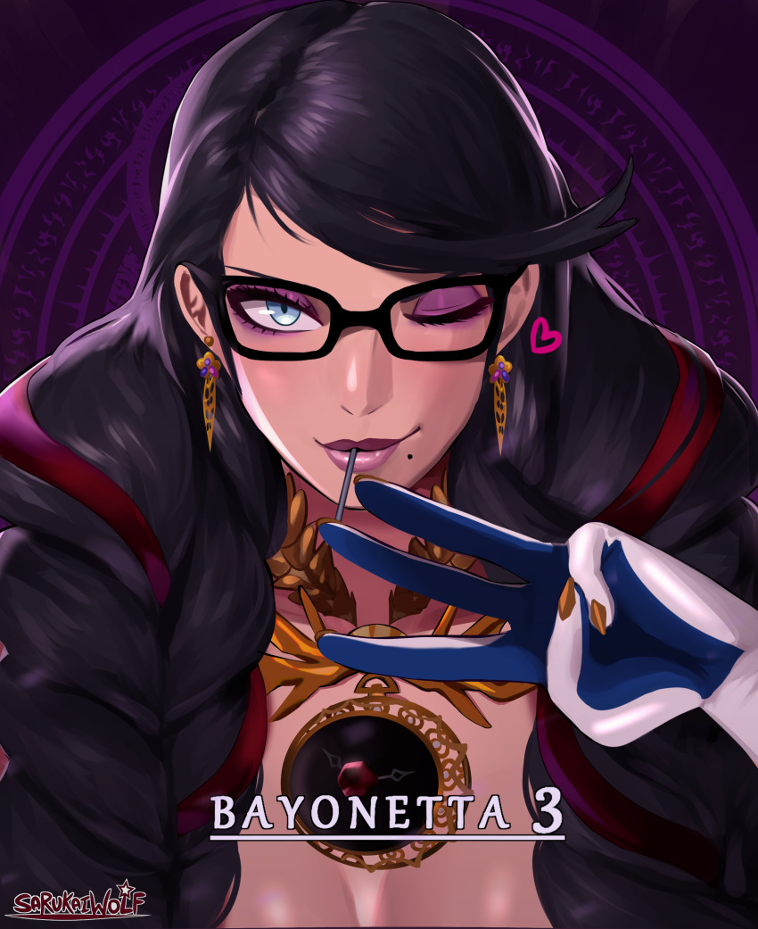 1girl absurdres bayonetta bayonetta_(series) bayonetta_3 black_hair braid close-up earrings english_commentary glasses gloves gun highres jewelry lipstick long_hair looking_at_viewer makeup mole mole_under_mouth multicolored_hair portrait redhead ribbon sarukaiwolf simple_background smile solo streaked_hair twin_braids upper_body weapon