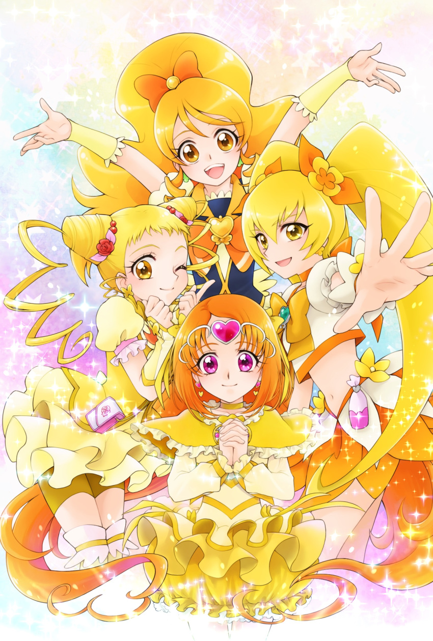 4girls :d aizen_(syoshiyuki) arms_up bike_shorts blonde_hair bow brooch brown_eyes bubble_skirt capelet circlet closed_mouth color_connection crop_top cure_honey cure_lemonade cure_muse_(yellow) cure_sunshine double_bun drill_hair flower frilled_capelet frills hair_between_eyes hair_bow hair_flower hair_ornament happinesscharge_precure! heart heart_hair_ornament heartcatch_precure! highres jewelry kasugano_urara_(yes!_precure_5) long_hair looking_at_viewer magical_girl midriff multiple_girls myoudouin_itsuki navel one_eye_closed oomori_yuuko open_mouth orange_bow orange_hair orange_skirt outstretched_hand own_hands_clasped own_hands_together pink_eyes pouch precure rainbow_background shirabe_ako shorts shorts_under_skirt skirt smile sparkle sparkle_background starry_background suite_precure thigh-highs twin_drills vest wrist_cuffs yellow_bow yellow_capelet yellow_eyes yellow_shorts yellow_skirt yellow_vest yes!_precure_5 yes!_precure_5_gogo!