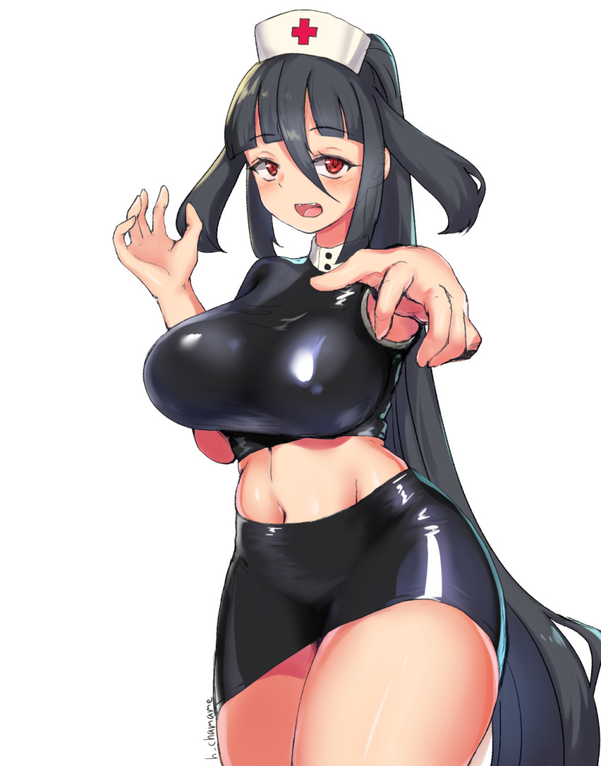 1girl arms_up artist_name bangs black_hair breasts chamame curvy eyebrows_visible_through_hair fangs hair_between_eyes hat highres large_breasts latex latex_skirt latex_top long_hair microskirt midriff nurse_cap open_mouth outstretched_arms red_eyes shiny shiny_clothes shiny_skin sidelocks simple_background skirt solo standing thick_thighs thighs upper_teeth very_long_hair white_background yamada_tae zombie_land_saga