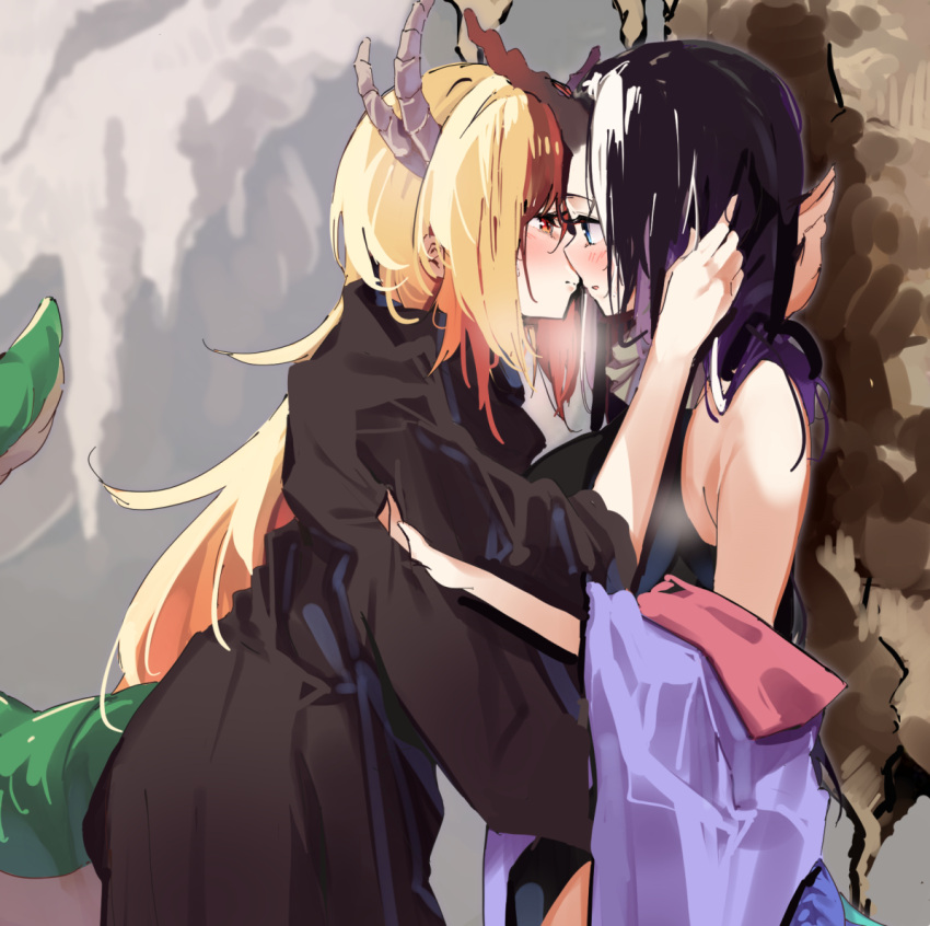 2girls bare_shoulders black_hair black_robe black_shirt blonde_hair blue_eyes closed_mouth commentary_request day dragon_girl dragon_horns dragon_tail elma_(maidragon) eye_contact heavy_breathing horns japanese_clothes kimono kobayashi-san_chi_no_maidragon lamb_(hitsujiniku) long_hair long_sleeves looking_at_another multiple_girls off_shoulder outdoors parted_lips purple_kimono red_eyes robe shirt sleeveless sleeveless_shirt tail tohru_(maidragon) very_long_hair wide_sleeves yuri