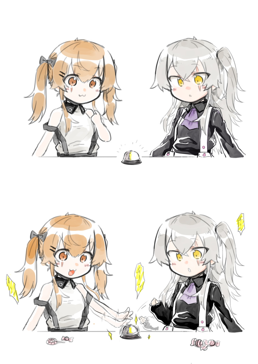2girls absurdres bell blush brown_eyes brown_hair call_bell candy food girls_frontline grey_hair highres lollipop multiple_girls myon2 scar scar_across_eye siblings side_ponytail sisters speech_bubble surprised translation_request twintails ump45_(girls'_frontline) ump9_(girls'_frontline) yellow_eyes younger