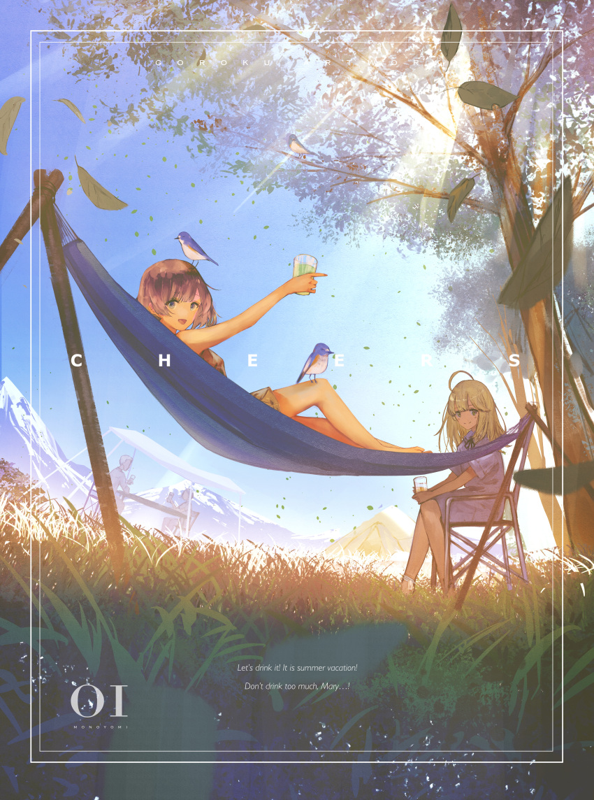 1boy 3girls absurdres animal_on_head arm_up bangs bare_shoulders barefoot bird bird_on_head black_ribbon blonde_hair blue_eyes blue_sky brown_hair chair collared_shirt commentary_request cup drinking_glass eyebrows_visible_through_hair falling_leaves from_below goroku grass grey_eyes hammock highres holding holding_cup index_finger_raised knee_up leaf light_rays long_hair looking_at_viewer looking_to_the_side lying mountain mountainous_horizon multiple_girls neck_ribbon on_back on_head open_mouth original plant ribbon scenery shirt short_hair shorts sitting sky summer sunbeam sunlight toast_(gesture) tree