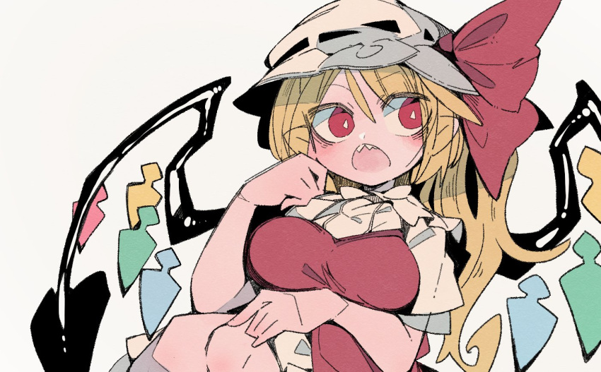 1girl bangs blonde_hair blush bow breasts bright_pupils commentary_request dress ears_visible_through_hair eyebrows_visible_through_hair feet_out_of_frame flandre_scarlet hair_between_eyes hand_up hat hat_bow large_breasts looking_at_viewer looking_to_the_side massakasama one_side_up open_mouth red_bow red_dress red_eyes sharp_teeth simple_background solo teeth touhou upper_teeth white_background white_pupils wings