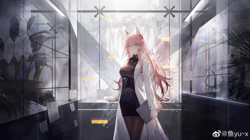 1girl absurdres animal_ears bangs black_skirt cat_ears chinese_commentary coat commentary_request cowboy_shot girls'_frontline_neural_cloud girls_frontline hair_between_eyes highres holding holding_tablet_pc indoors labcoat long_hair long_sleeves looking_at_viewer pantyhose persicaria_(girls'_frontline_nc) pink_eyes pink_hair ribbed_shirt shirt skirt smile solo tablet_pc weibo_username white_coat yu-x