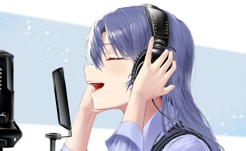 1girl absurdres blue_hair blue_shirt blush closed_eyes headphones highres holding holding_headphones idolmaster idolmaster_(classic) idolmaster_million_live! kisaragi_chihaya marrrrrr microphone music pop_filter portrait profile round_teeth shirt simple_background singing solo teeth two-tone_background vest