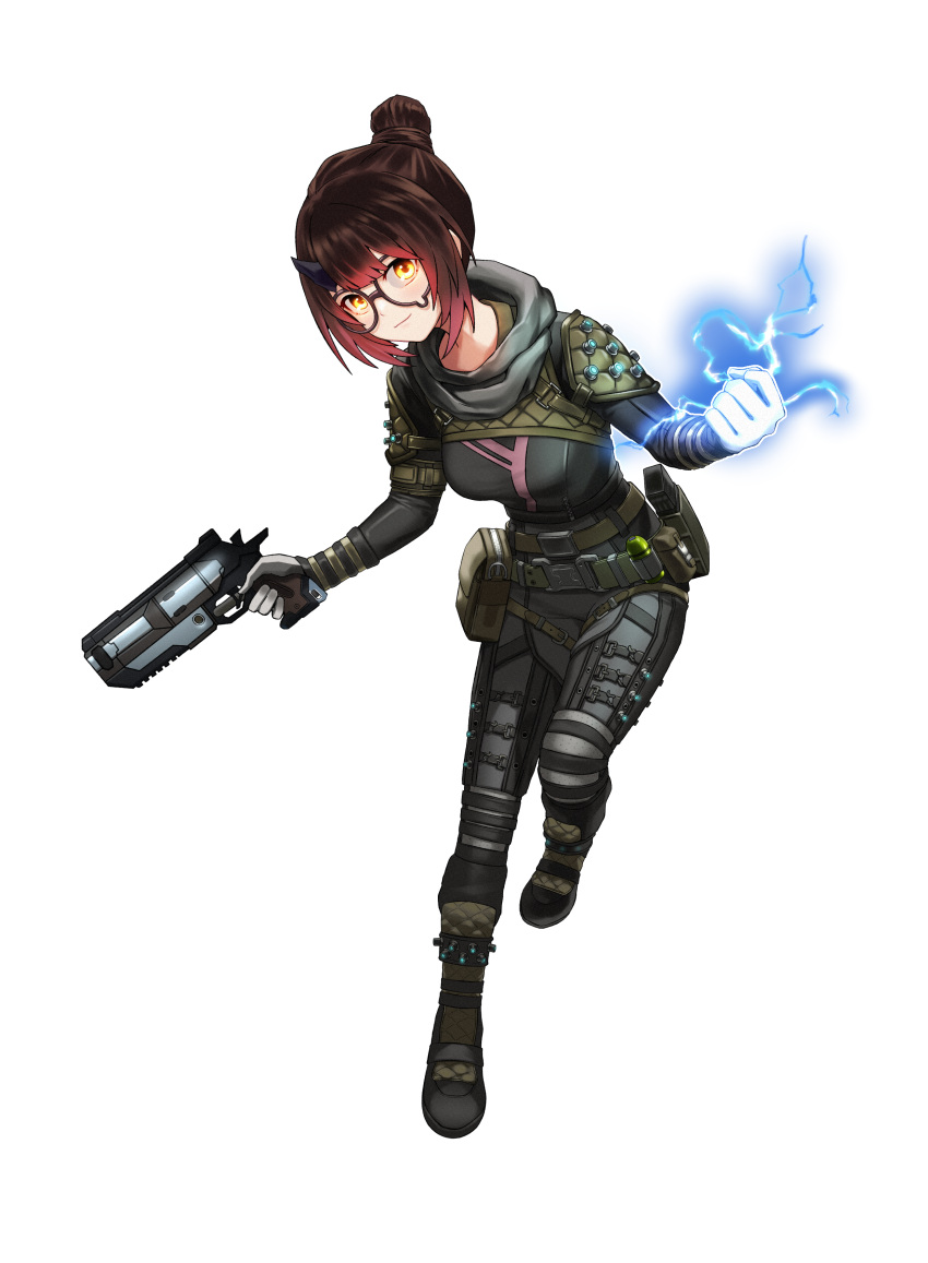 1girl absurdres apex_legends artpatient b3_wingman bangs belt black-framed_eyewear black_scarf bodysuit breasts brown_hair cosplay english_commentary glasses gradient_hair gun hair_bun highres holding holding_gun holding_weapon hololive medium_breasts multicolored_hair roboco-san scarf simple_background solo teardrop-framed_glasses utility_belt virtual_youtuber weapon white_background wraith_(apex_legends) wraith_(apex_legends)_(cosplay) yellow_eyes