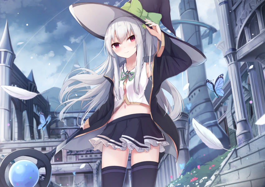 1girl bangs blush bug building butterfly day feathers grey_hair hand_on_headwear hat highres holding holding_staff jacket long_hair looking_at_viewer midriff navel open_clothes open_jacket original outdoors pleated_skirt red_eyes skirt smile solo staff thigh-highs touhourh wind witch_hat
