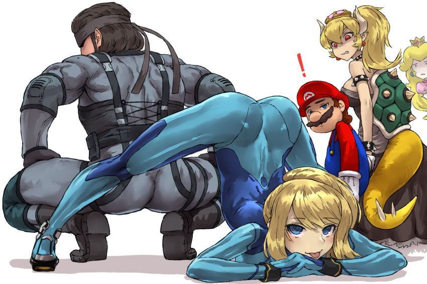 ! 2boys 3girls arched_back arm_rest armlet ass bare_shoulders black_collar black_dress black_hair blonde_hair blue_bodysuit blue_eyes bodysuit boots bowsette bracelet clenched_teeth collar crown distracted_boyfriend_(meme) dress earrings flexible gloves half-closed_eye hands_on_ground haraya_manawari harness headband height_difference high_ponytail highres holding_hands horns jack-o'_challenge jealous jewelry long_hair long_sleeves looking_at_another looking_at_viewer mario meme metal_gear_(series) metal_gear_solid metroid multiple_boys multiple_girls new_super_mario_bros._u_deluxe overalls plectrum pointy_ears pose princess_peach red_eyes samus_aran short_hair simple_background skin_tight smile sneaking_suit solid_snake spiked_armlet spiked_bracelet spiked_shell spiked_tail spikes spread_legs squatting strapless strapless_dress stretch super_crown super_mario_bros. super_mario_bros. super_smash_bros. sweatshirt tail teeth tiptoes top-down_bottom-up turtle_shell white_background wide_spread_legs zero_suit