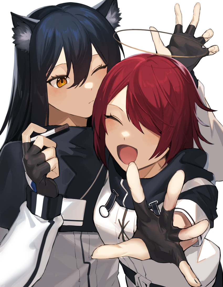 2girls :d absurdres animal_ear_fluff animal_ears arknights bangs belt black_capelet black_gloves black_hair blush capelet closed_eyes closed_mouth commentary_request exusiai_(arknights) fingerless_gloves gloves hair_between_eyes hair_over_one_eye halo hati105 highres holding jacket long_hair long_sleeves multiple_girls one_eye_closed open_mouth outstretched_arm redhead short_hair simple_background smile spread_fingers texas_(arknights) upper_body white_background white_jacket wolf_ears