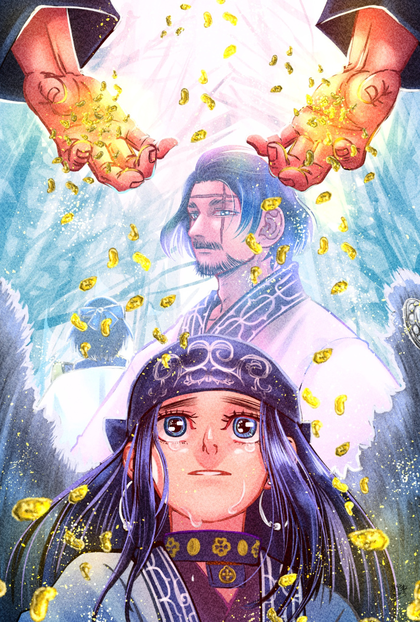 1boy 1girl adam's_apple ainu_clothes asirpa beard black_hair blue_eyes crying crying_with_eyes_open earrings facial_hair father_and_daughter gold golden_kamuy hands highres hoop_earrings jewelry mujisane_togoro scar scar_across_eye scar_on_face tears upper_body wilk_(golden_kamuy)