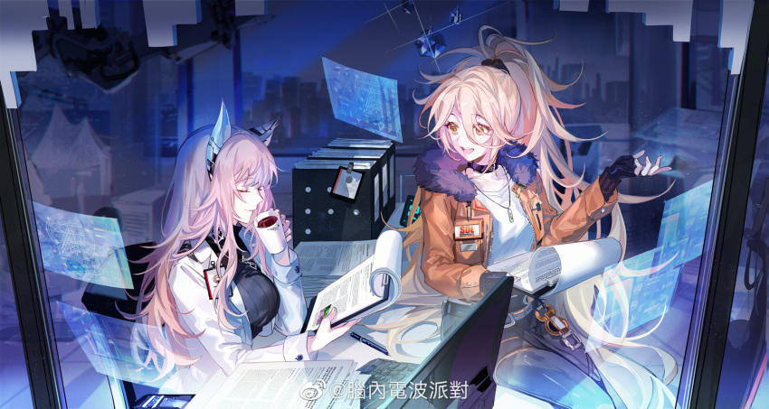 2girls animal_ears black_gloves blonde_hair breasts character_name chinese_commentary choker clipboard closed_eyes coffee collarbone commentary_request cup desk fingerless_gloves fur_collar girls'_frontline_neural_cloud girls_frontline gloves hair_ornament hair_scrunchie highres holding holding_clipboard holding_cup id_card jacket jewelry kanose keyboard_(computer) labcoat large_breasts long_hair long_sleeves looking_at_another monitor mug multiple_girls necklace on_desk open_mouth orange_jacket paper persicaria_(girls'_frontline_nc) pink_hair ponytail ribbed_shirt scrunchie shirt smile sol_(girls'_frontline_nc) weibo_username white_shirt yellow_eyes