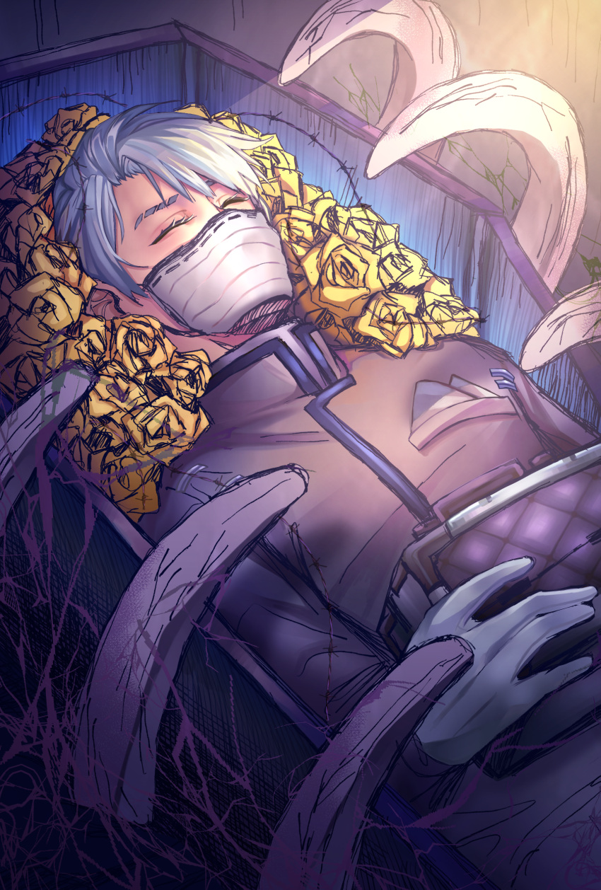 1boy absurdres aesop_carl barbed_wire bone closed_eyes coffin flower gloves highres identity_v jacket kmiyako lying male_focus mask on_back pocket_square ribs silver_hair sleeping solo white_gloves