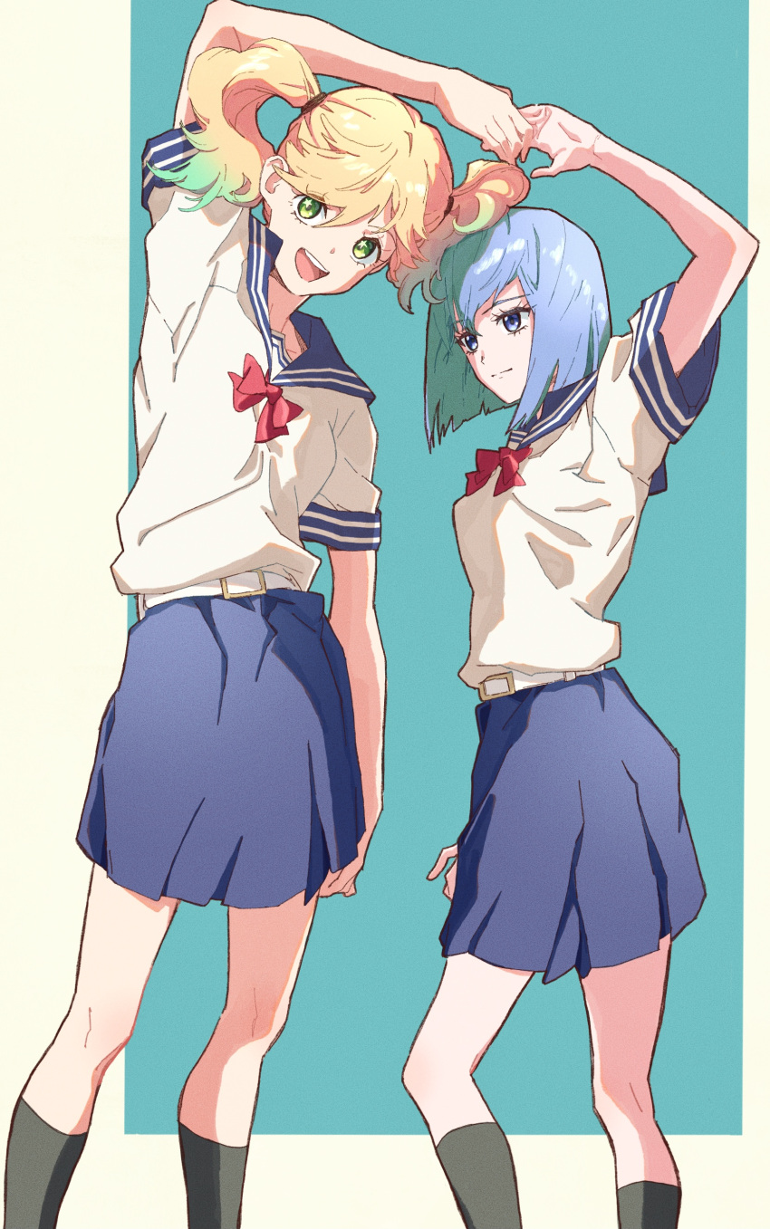 2girls :d absurdres belt black_legwear blonde_hair bloom_into_me15 blouse blue_background blue_eyes blue_hair blue_sailor_collar blue_skirt blunt_ends border bow closed_mouth commentary_request cowboy_shot gradient_hair green_eyes green_hair heads_together highres holding_hands kageki_shoujo!! light_smile looking_at_another looking_at_viewer miniskirt multicolored_hair multiple_girls narata_ai open_mouth outside_border pleated_skirt red_bow red_neckwear round_teeth sailor_collar school_uniform shadow short_sleeves skirt smile socks star_(symbol) star_in_eye summer_uniform symbol_in_eye teeth twintails upper_teeth watanabe_sarasa wavy_hair white_belt white_blouse white_border