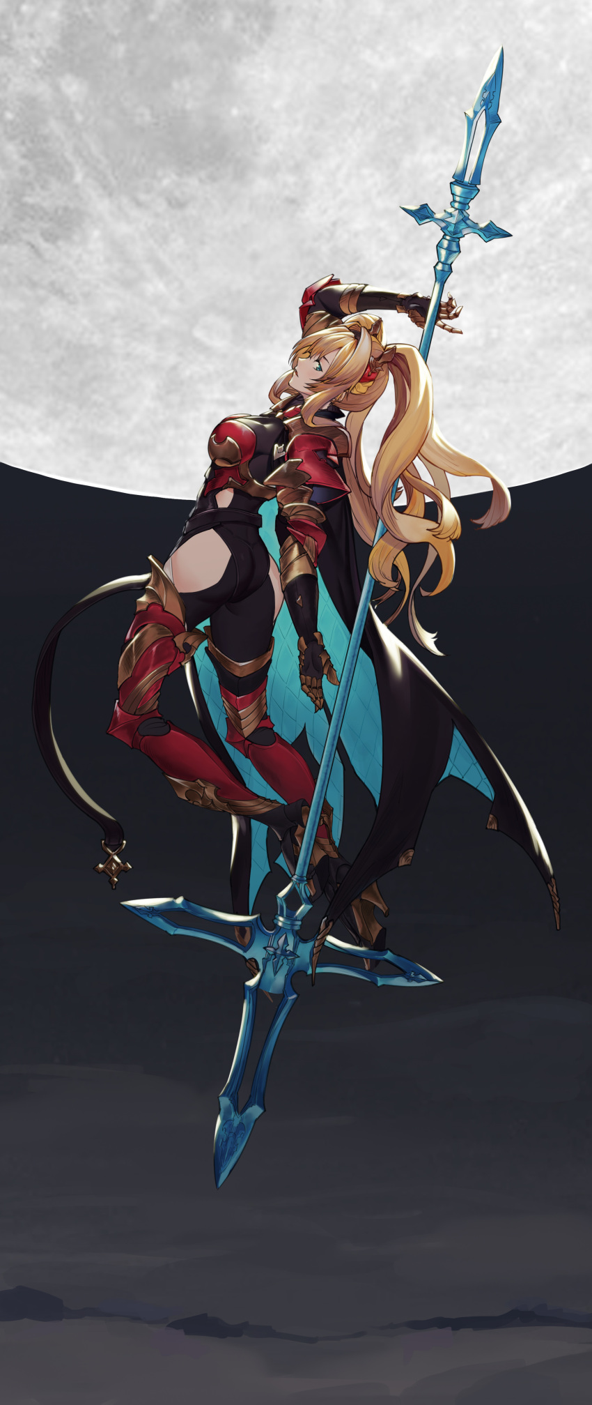 absurdres armor blue_eyes granblue_fantasy greaves high_heels highres holding holding_weapon moon polearm spear tied_hair twintails unkobako weapon zeta_(granblue_fantasy)