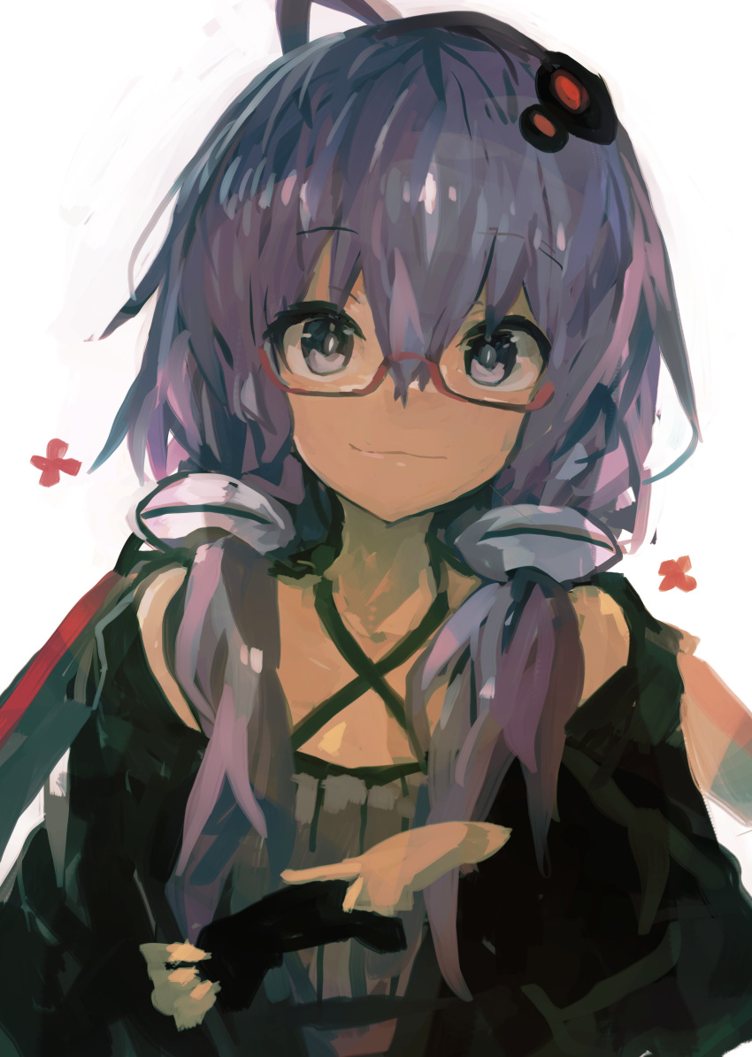 1girl :3 absurdres ahoge bangs bare_shoulders black_jacket bright_pupils closed_mouth controller dress eyebrows_visible_through_hair flower_(symbol) glasses hair_between_eyes hair_ornament highres holding holding_controller jacket kaamin_(mariarose753) light_smile long_hair looking_at_viewer low_twintails messy_hair purple_dress purple_hair red-framed_eyewear ribbed_dress semi-rimless_eyewear simple_background solo twintails upper_body violet_eyes voiceroid white_background yuzuki_yukari
