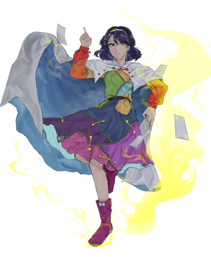 1girl absurdres bangs blue_eyes blue_hair bow cape card cloak dress from_below full_body hairband highres idkrn looking_at_viewer looking_down multicolored multicolored_clothes multicolored_dress multicolored_hairband patchwork_clothes pointing pointing_down pointing_up purple_footwear rainbow_gradient red_button short_hair sky_print solo tenkyuu_chimata touhou two-sided_cape two-sided_fabric unconnected_marketeers white_cape white_cloak