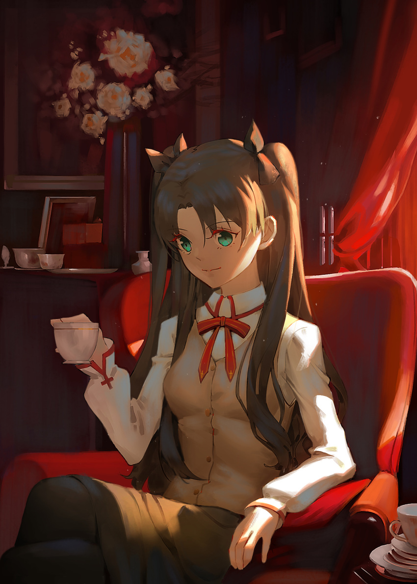 1girl bangs black_bow black_legwear bow brown_hair brown_skirt closed_mouth collared_shirt crossed_legs cup fate/stay_night fate_(series) green_eyes grey_vest hair_between_eyes hair_bow highres hitotaba holding holding_cup homurahara_academy_uniform indoors long_hair miniskirt neck_ribbon pantyhose red_ribbon ribbon shirt sitting skirt solo teacup tohsaka_rin twintails very_long_hair vest white_shirt wing_collar