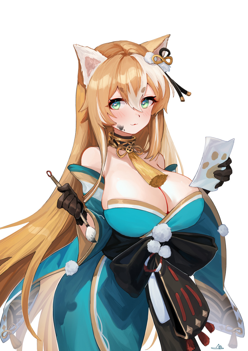 1girl 4056303 :3 absurdres animal_ears aqua_kimono bare_shoulders black_gloves blush breasts brown_hair calligraphy_brush cat_ears collar cowboy_shot detached_sleeves dirty dirty_face eyebrows_visible_through_hair genderswap genderswap_(mtf) genshin_impact gloves gorou_(genshin_impact) green_eyes hair_between_eyes highres hina_(genshin_impact) holding holding_paintbrush holding_paper ink_on_face japanese_clothes kimono large_breasts long_hair long_sleeves looking_at_viewer multicolored_hair paintbrush paper paw_print pom_pom_(clothes) sash short_eyebrows simple_background solo streaked_hair tassel very_long_hair white_background white_hair
