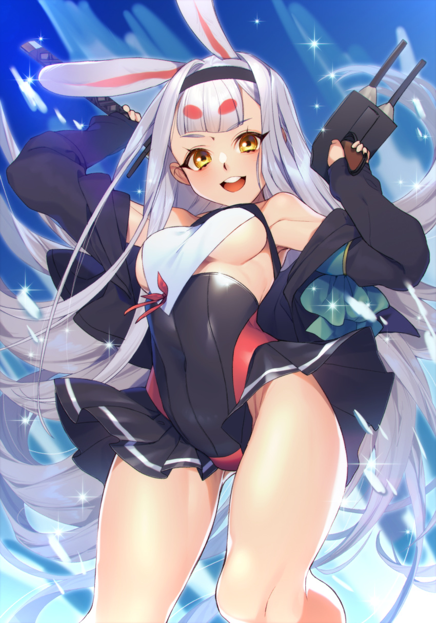 1girl animal_ears aqua_bow azur_lane bikini bikini_bottom black_hairband bow breasts dress hairband highres long_hair mimiko_(fuji_310) off_shoulder panties rabbit_ears red_panties rudder_footwear shimakaze_(azur_lane) short_dress small_breasts smile solo swimsuit swimsuit_over_clothes underwear very_long_hair white_hair yellow_eyes