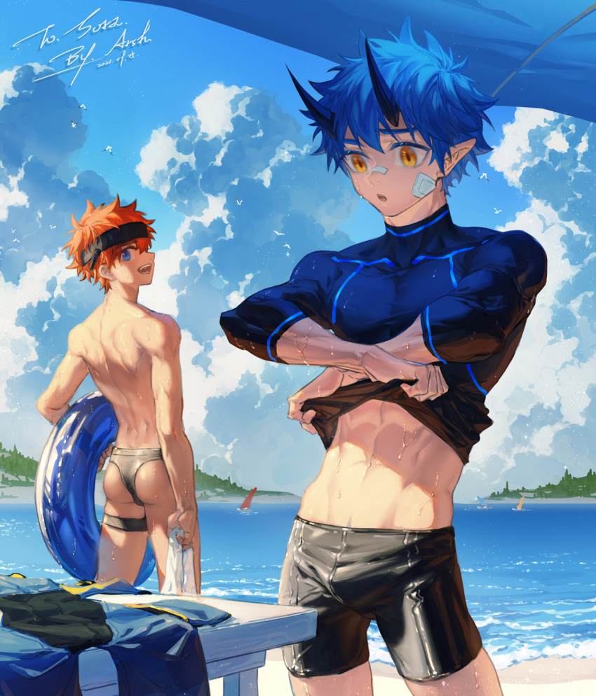 2boys abs arsh_(thestarwish) bandaid bandaid_on_cheek bandaid_on_face bandaid_on_nose bangs beach black_male_swimwear blue_eyes blue_hair blue_shirt clothes_lift clouds day headband highres holding holding_innertube holding_towel horns innertube male_focus male_swimwear multiple_boys navel open_mouth orange_eyes orange_hair original outdoors pointy_ears shirt shirt_lift short_hair sky smile summer swim_briefs thigh_bands toned toned_male towel undressing water wet wet_clothes wet_shirt