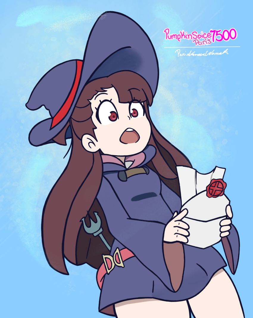 1girl bangs brown_hair hat highres holding kagari_atsuko letter little_witch_academia long_hair long_sleeves luna_nova_school_uniform open_mouth pumpkinspice7500 red_eyes school_uniform self_upload smash_invitation solo super_smash_bros. trigger_(company) wand witch witch_hat
