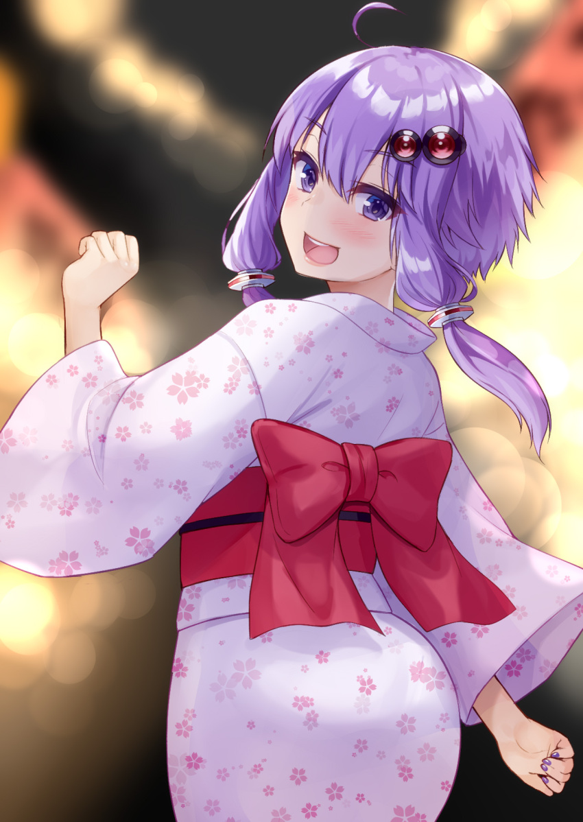 1girl ahoge blush eyebrows_visible_through_hair fingernails floral_print hair_between_eyes hair_ornament highres japanese_clothes kimono long_sleeves nail_polish obi open_mouth print_kimono purple_hair purple_nails sash short_hair_with_long_locks smile solo tenneko_yuuri upper_body violet_eyes vocaloid voiceroid white_kimono wide_sleeves yukata yuzuki_yukari