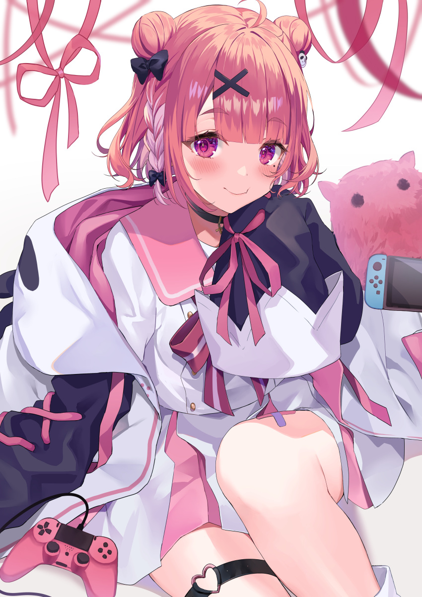 1girl absurdres animal_hood bangs black_ribbon blush collar controller eyebrows_visible_through_hair game_controller hair_ornament hair_ribbon highres hizuki_higure hood huge_filesize jacket jacket_removed mole mole_under_eye nijisanji nintendo_switch on_floor panda_hood pink_eyes pink_hair pink_ribbon pink_sailor_collar red_ribbon ribbon sailor_collar sasaki_saku school_uniform serafuku simple_background sitting smile solo thigh_strap virtual_youtuber white_background wide_sleeves x_hair_ornament