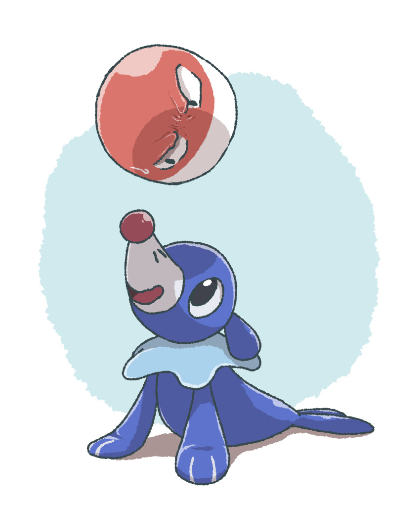 black_eyes commentary_request eye_contact furrowed_brow highres kotobukkii_(yt_lvlv) looking_at_another no_humans open_mouth pokemon pokemon_(creature) popplio smile sweatdrop tongue voltorb