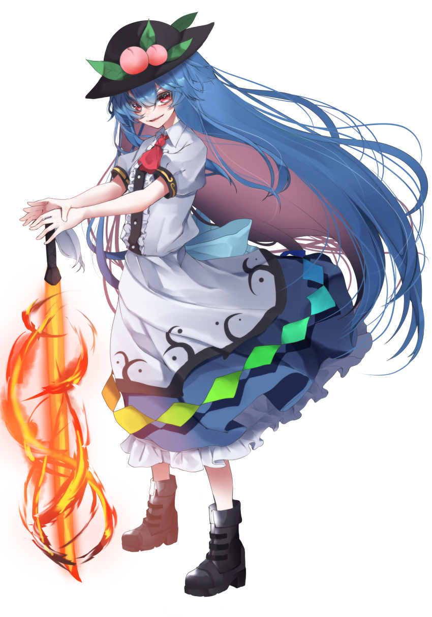 1girl absurdres ascot bangs black_footwear black_headwear blue_hair blue_skirt boots center_frills commentary_request eyebrows_visible_through_hair food frills fruit full_body hair_between_eyes hat highres hinanawi_tenshi holding holding_sword holding_weapon long_hair looking_at_viewer parted_lips peach petticoat puffy_short_sleeves puffy_sleeves red_eyes red_neckwear shirt short_sleeves simple_background skirt smile solo standing sword sword_of_hisou touhou tsune_(tune) very_long_hair weapon white_background white_shirt