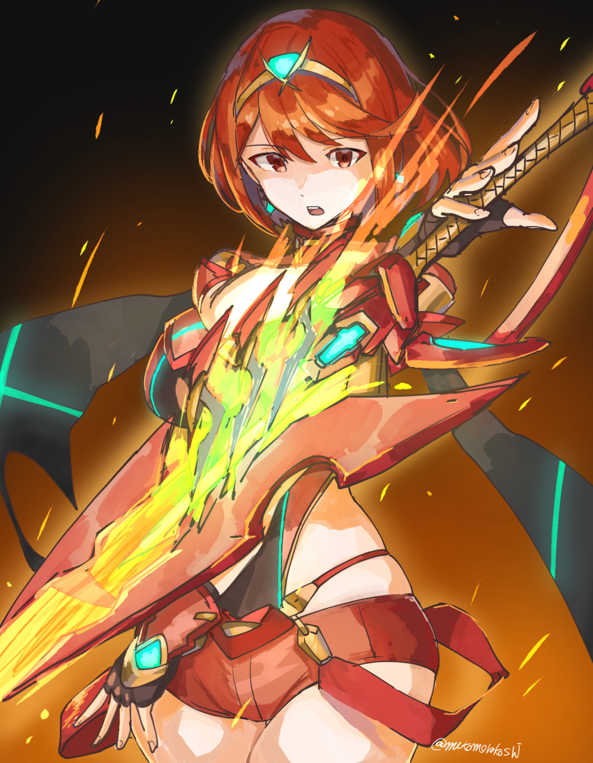 1girl aegis_sword_(xenoblade) bangs black_gloves breasts chest_jewel earrings fingerless_gloves gloves highres jewelry large_breasts mutomorokoshi pyra_(xenoblade) red_eyes red_legwear red_shorts redhead short_hair short_shorts shorts solo swept_bangs sword thigh-highs tiara weapon xenoblade_chronicles_(series) xenoblade_chronicles_2
