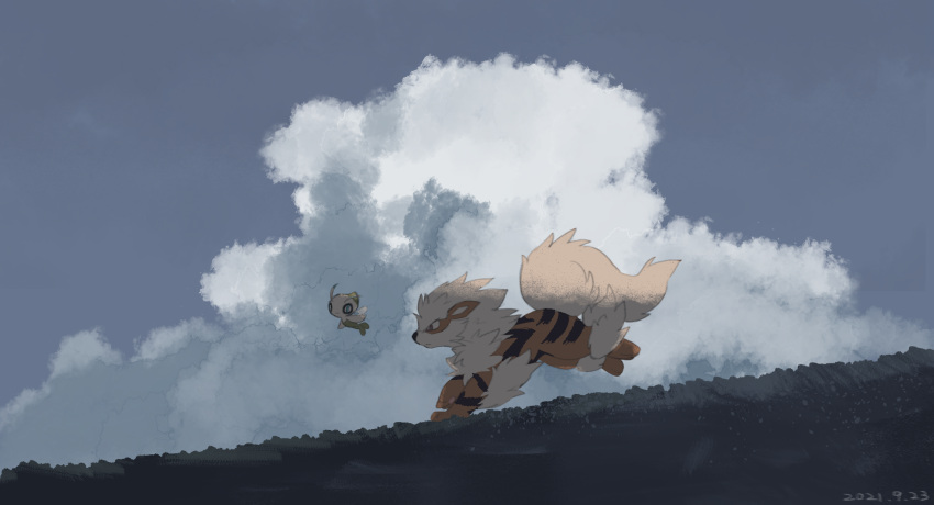 arcanine celebi clouds commentary_request dated day flying from_side highres leels mythical_pokemon no_humans outdoors pokemon pokemon_(creature) running sky